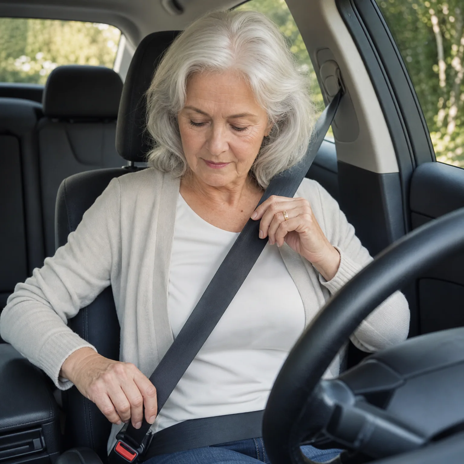 An older woman with gray hair, wearing a white top and light cardigan, sits in a car's driver seat and fastens her seat belt, with green trees visible through the window.