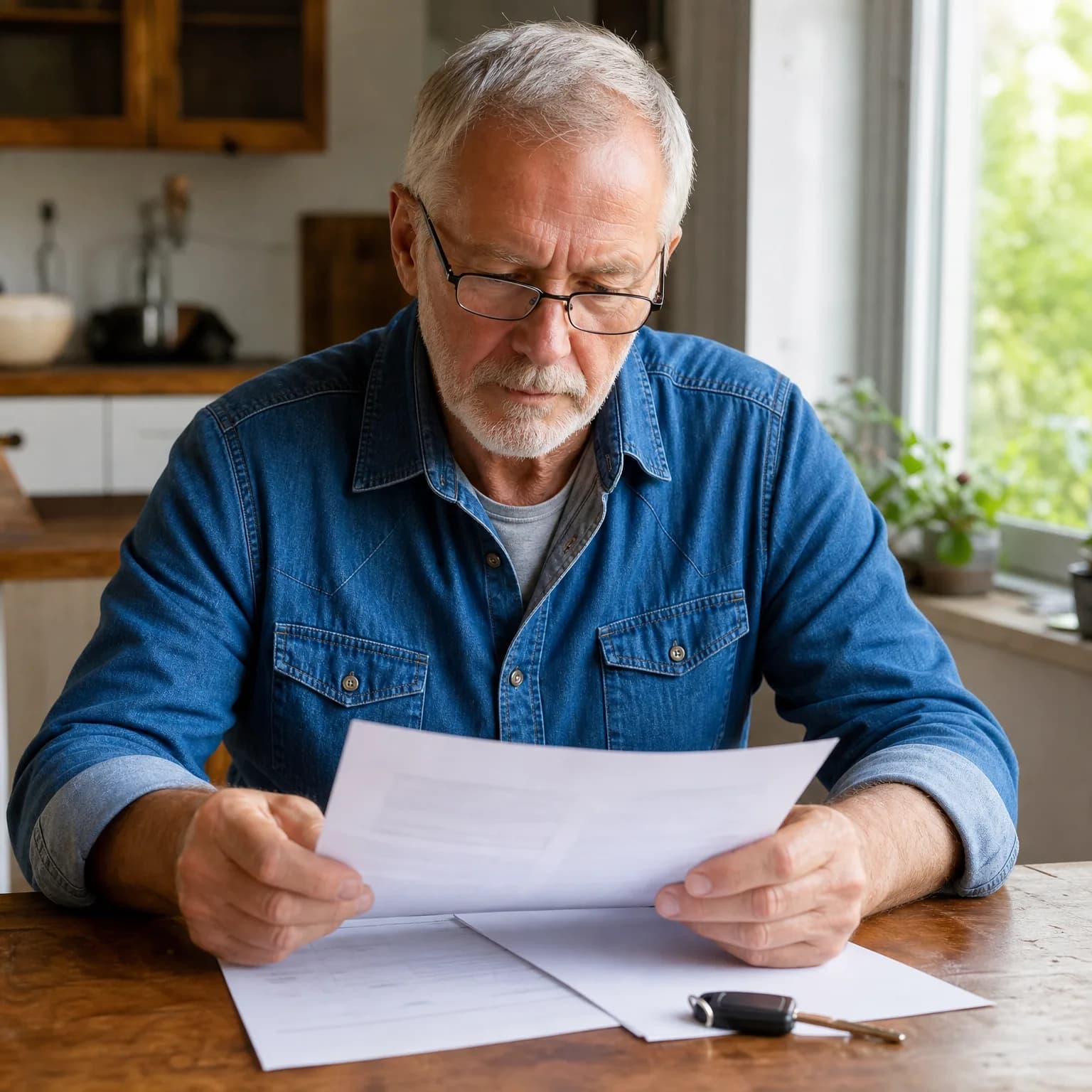 An older man with glasses and a blue denim shirt sits at a wooden table in a kitchen, reading a printed document, with more papers and a car key on the table and a window with plants behind him.