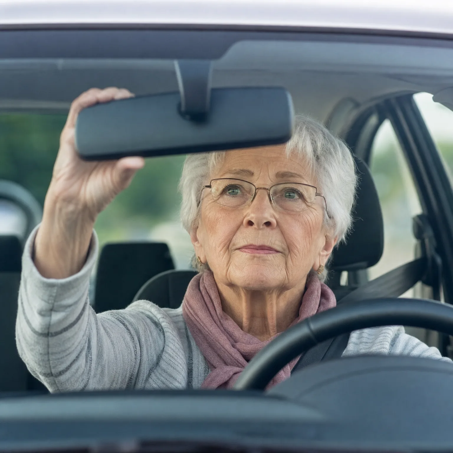 An older woman with short grey hair, glasses and a pink scarf sits in a car's driver seat and reaches up to adjust the rearview mirror.