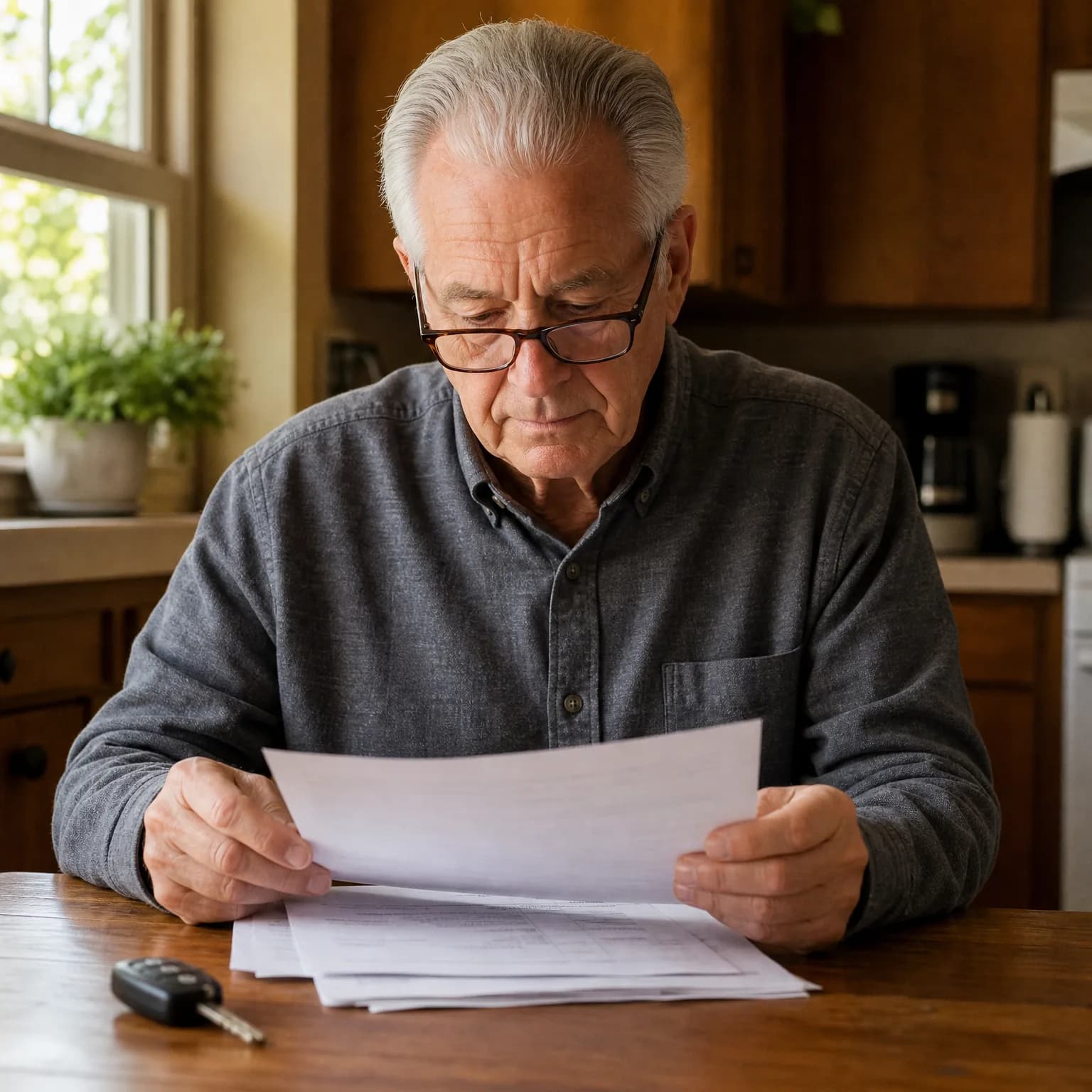 An older man with glasses and a gray button-up shirt sits at a wooden kitchen table reading printed documents, with more papers and a car key fob on the table.