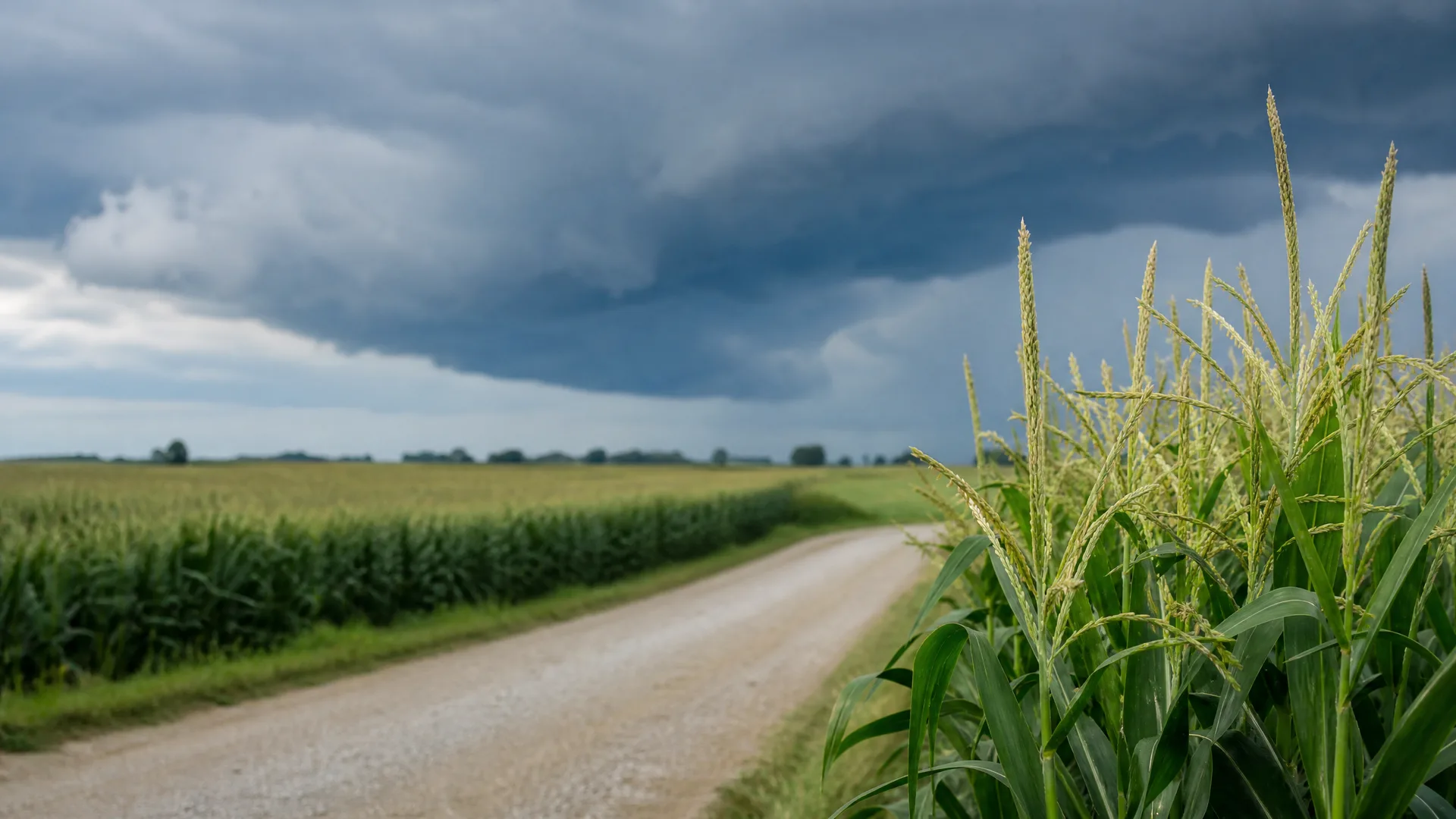 A gravel road curves between cornfields under a dark overcast sky, with tasseled corn plants in close-up at the right edge.