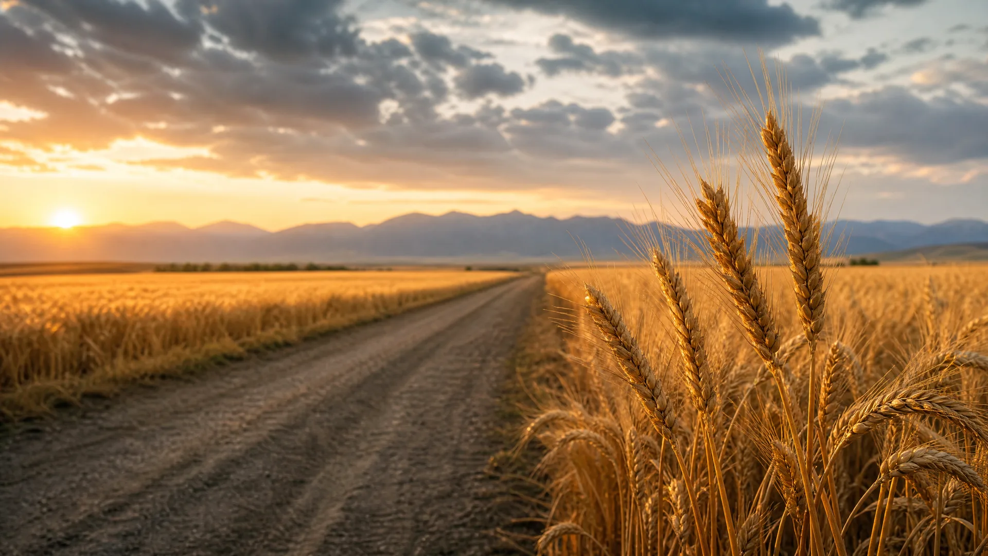 A dirt track runs through a field of ripe wheat toward distant mountains at sunset, with wheat heads in sharp focus in the right foreground under a cloudy sky.