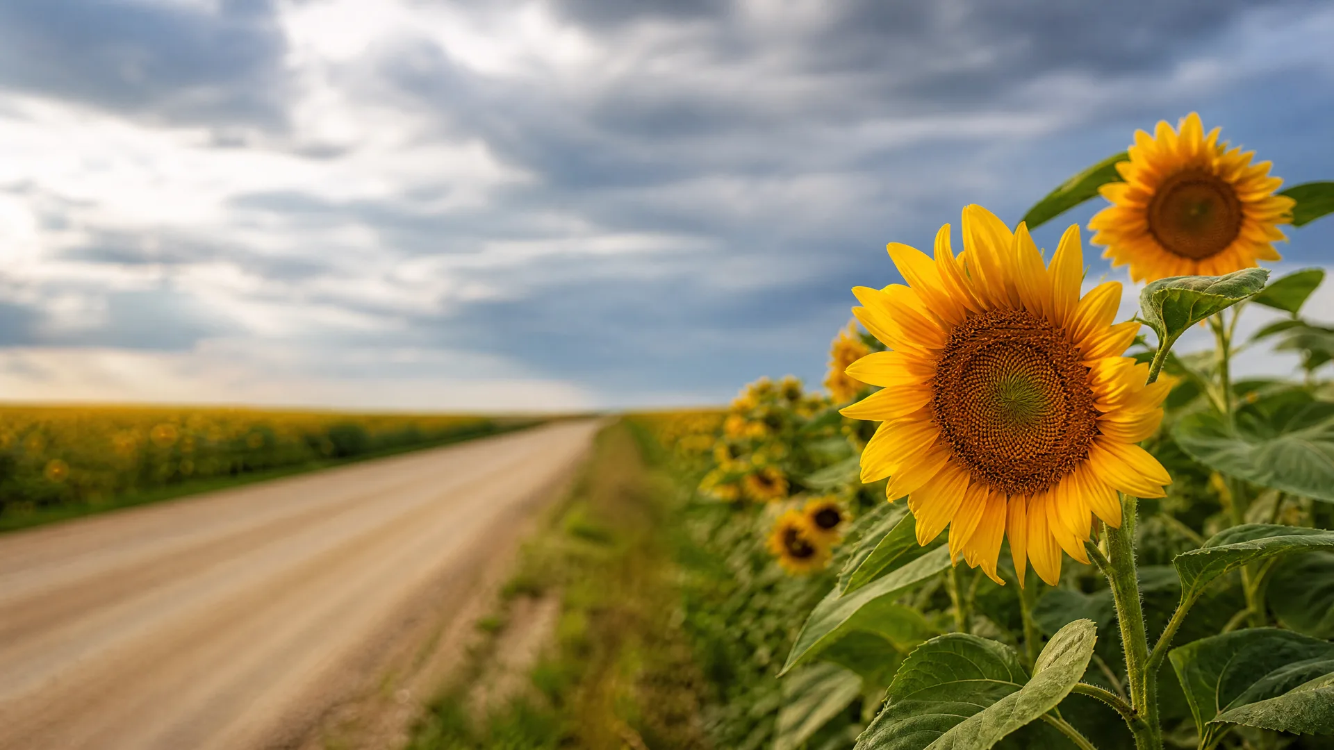 A dirt road runs between sunflower fields under a cloudy sky, with two sunflowers in sharp focus at the right edge.