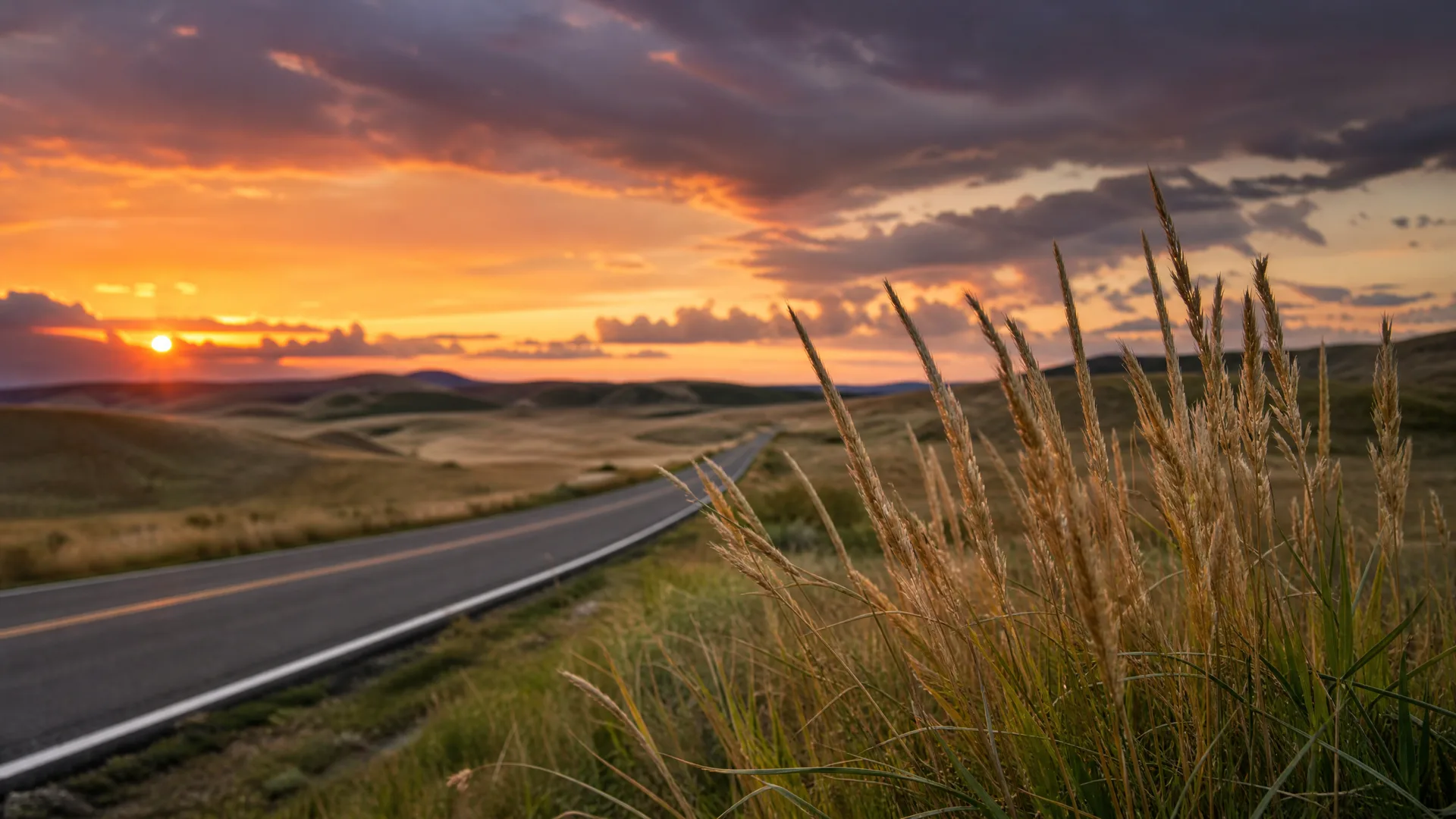 A two-lane paved road curves through rolling grassland hills at sunset, with tall seed-headed grasses in sharp focus in the right foreground and orange and purple clouds overhead.