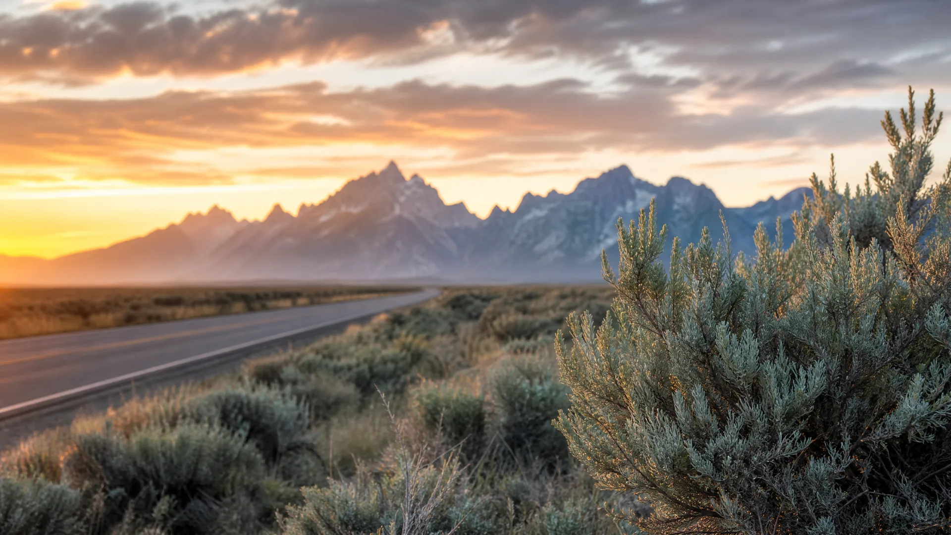 A paved road curves through sagebrush scrub toward a jagged mountain range at sunrise, with a large shrub in sharp focus in the right foreground.
